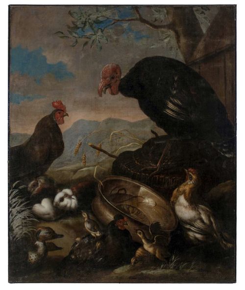 fig 1. A 17th-century oil painting depicting a large turkey, chickens, guinea pigs, and a copper vessel against a landscape background.