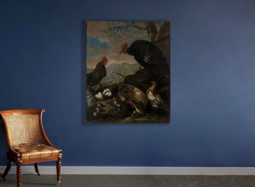fig 2. A 17th-century oil painting depicting a large turkey, chickens, guinea pigs, and a copper vessel against a landscape background.