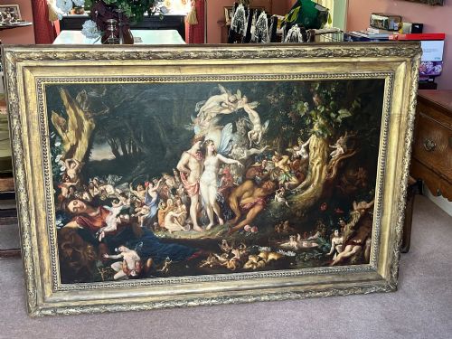 fig 2. A 19th-century Victorian oil painting depicting a scene from Shakespeares A Midsummer Nights Dream featuring figures and winged fairies in a woodland setting.