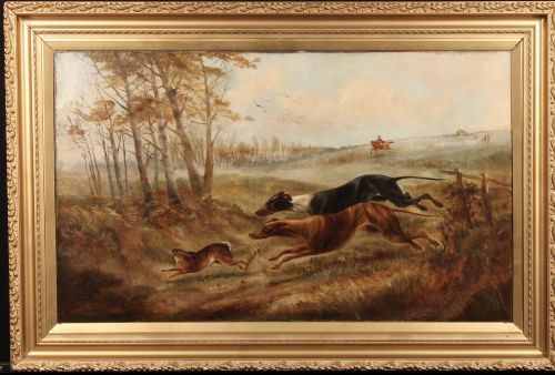 Antique Oil Painting of Hare Coursing Possibly by George Armfield Dogs Hunting