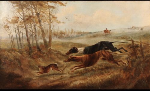 fig 1. A nineteenth-century oil painting on canvas depicting two greyhounds in full motion chasing a hare across a grassy landscape within a carved gilt frame.