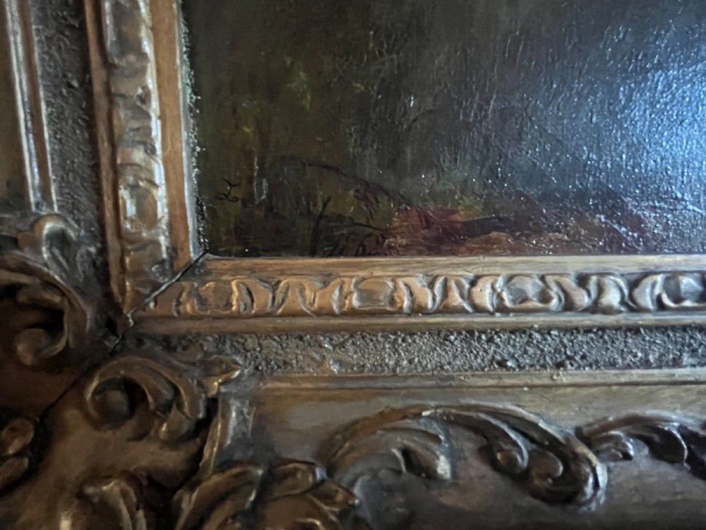 A Victorian oil painting on canvas depicting cattle and sheep resting in a field, presented within an ornate carved gilt moulding frame. View IV