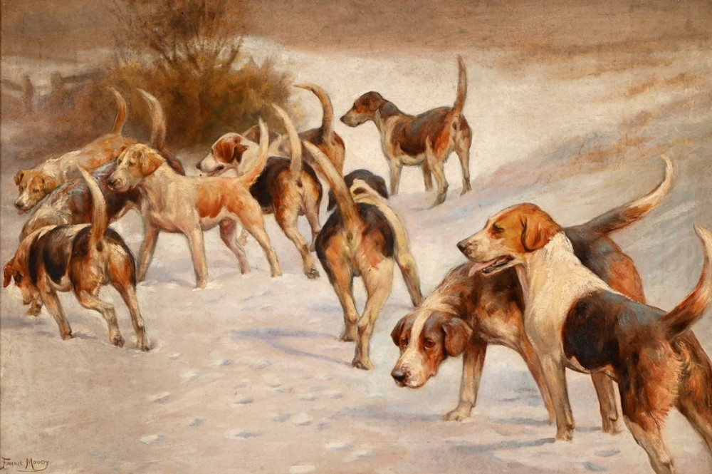 A 19th-century oil painting by Fannie Moody portraying a pack of foxhounds in a snow-covered landscape.