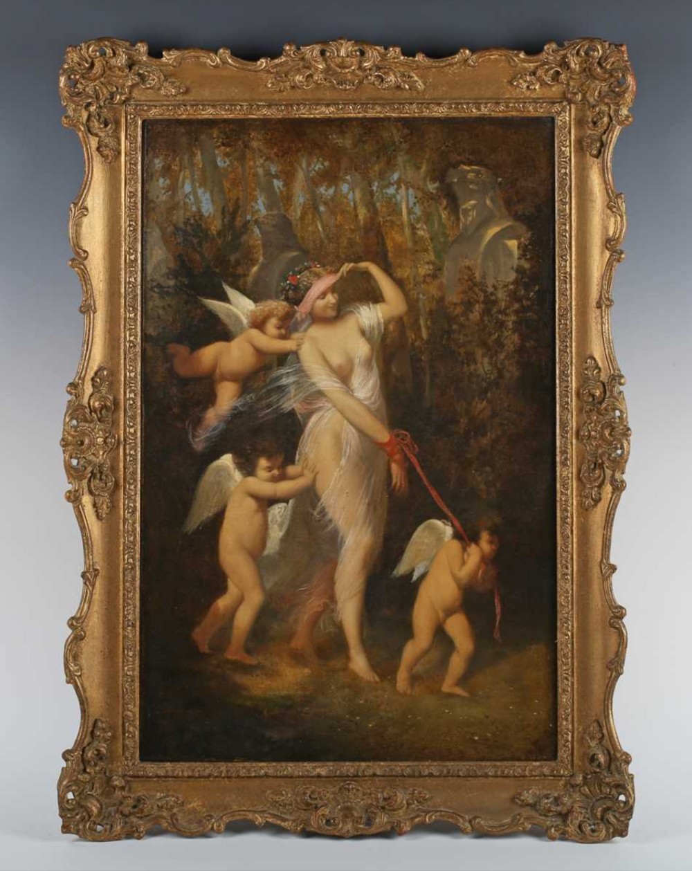 A nineteenth-century French oil painting depicting a classical nymph guided by winged cherubs in a forest, set inside an ornate gilded timber frame.