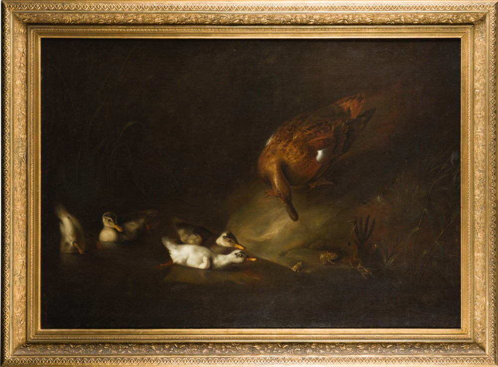 An 18th-century oil painting depicting a female duck and ducklings alongside frogs on a riverbank, set within a carved giltwood frame.