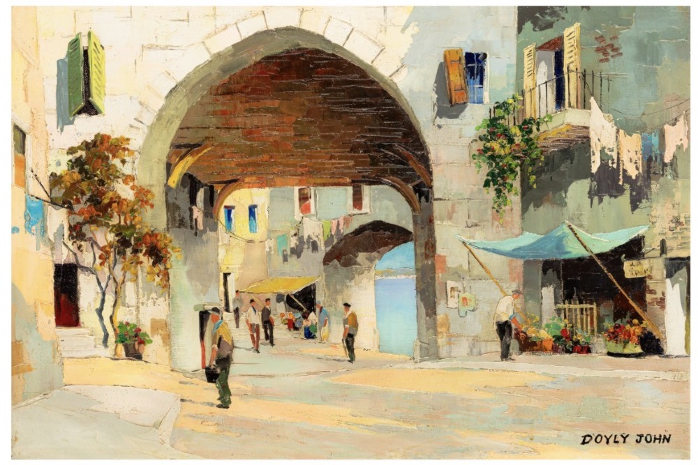 An oil painting depicting a sunlit Mediterranean architectural archway and village street scene with figures, set within a cream wood frame. View II