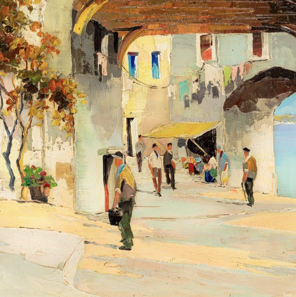 An oil painting depicting a sunlit Mediterranean architectural archway and village street scene with figures, set within a cream wood frame. View III