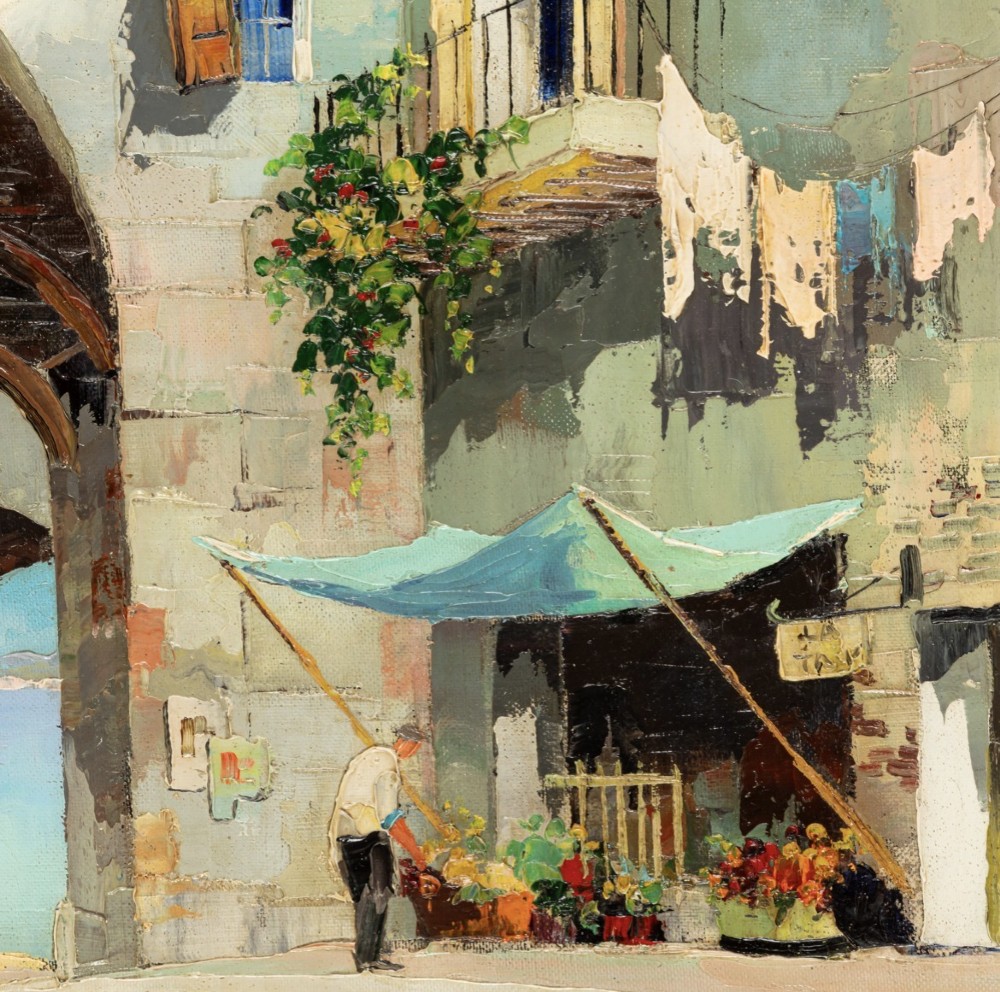 An oil painting depicting a sunlit Mediterranean architectural archway and village street scene with figures, set within a cream wood frame. View VI