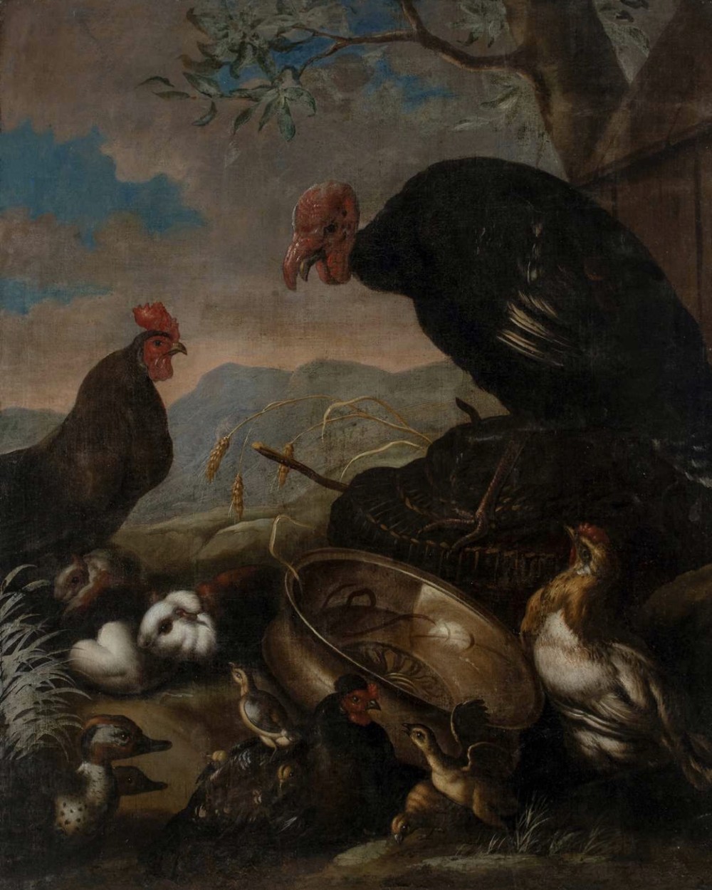 A 17th-century oil painting depicting a large turkey, chickens, guinea pigs, and a copper vessel against a landscape background.