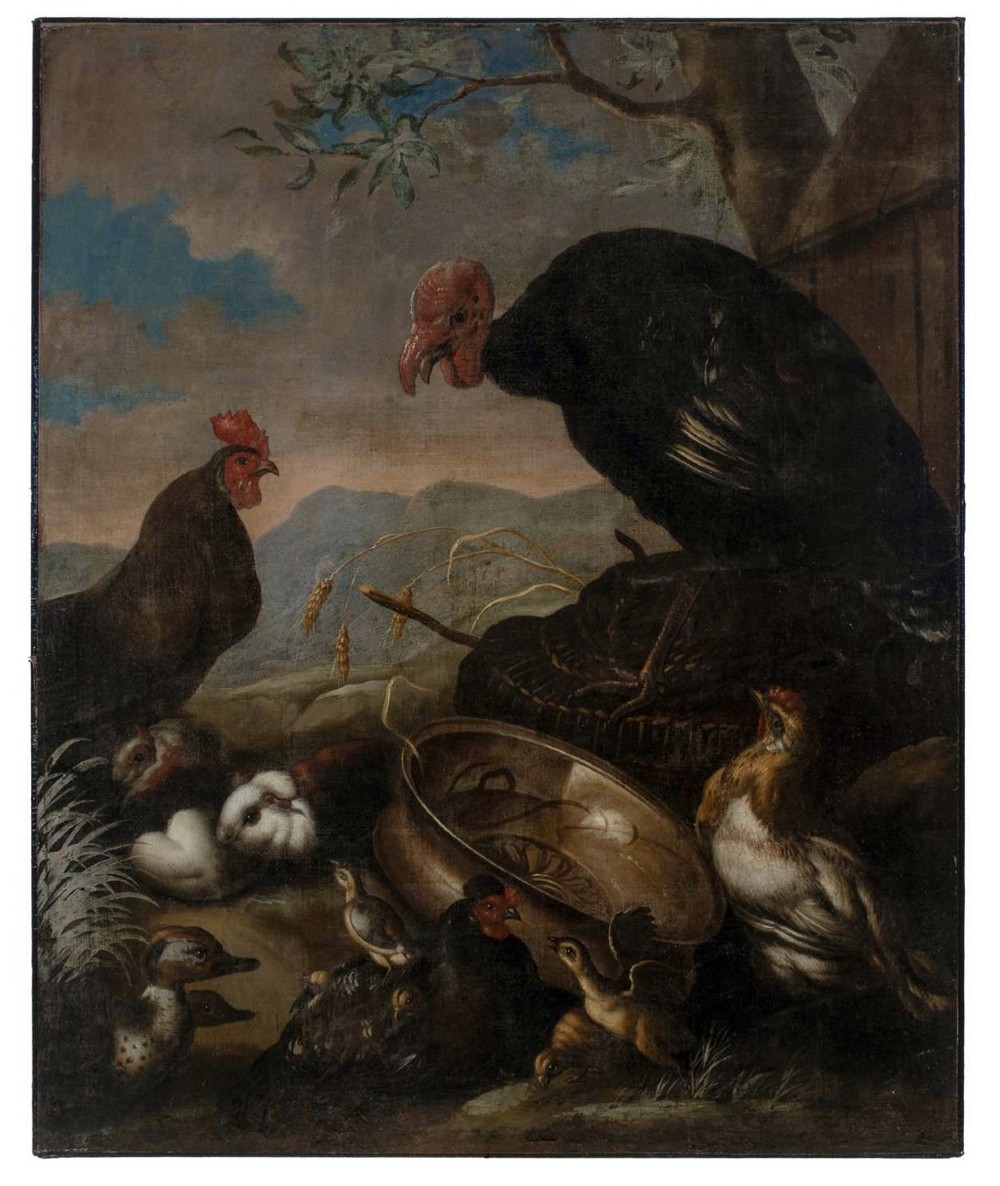 A 17th-century oil painting depicting a large turkey, chickens, guinea pigs, and a copper vessel against a landscape background. View II