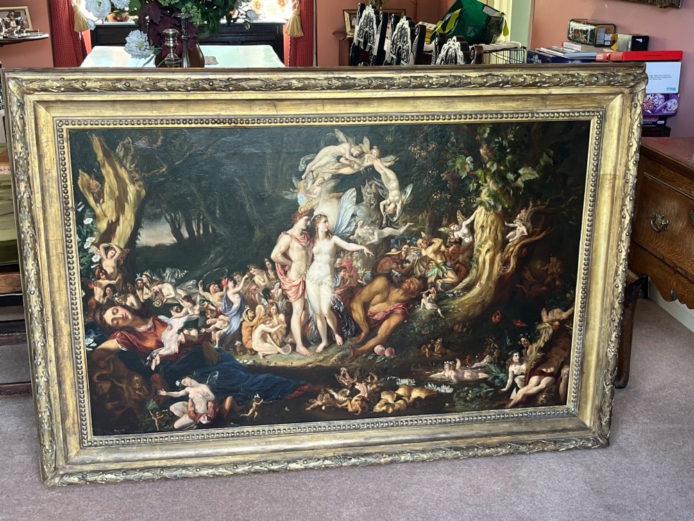 A 19th-century Victorian oil painting depicting a scene from Shakespeares A Midsummer Nights Dream featuring figures and winged fairies in a woodland setting. View III
