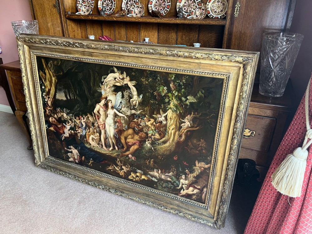A 19th-century Victorian oil painting depicting a scene from Shakespeares A Midsummer Nights Dream featuring figures and winged fairies in a woodland setting. View V