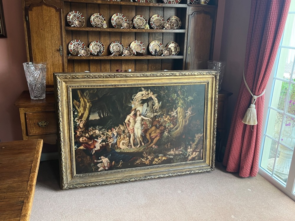 A 19th-century Victorian oil painting depicting a scene from Shakespeares A Midsummer Nights Dream featuring figures and winged fairies in a woodland setting. View VI