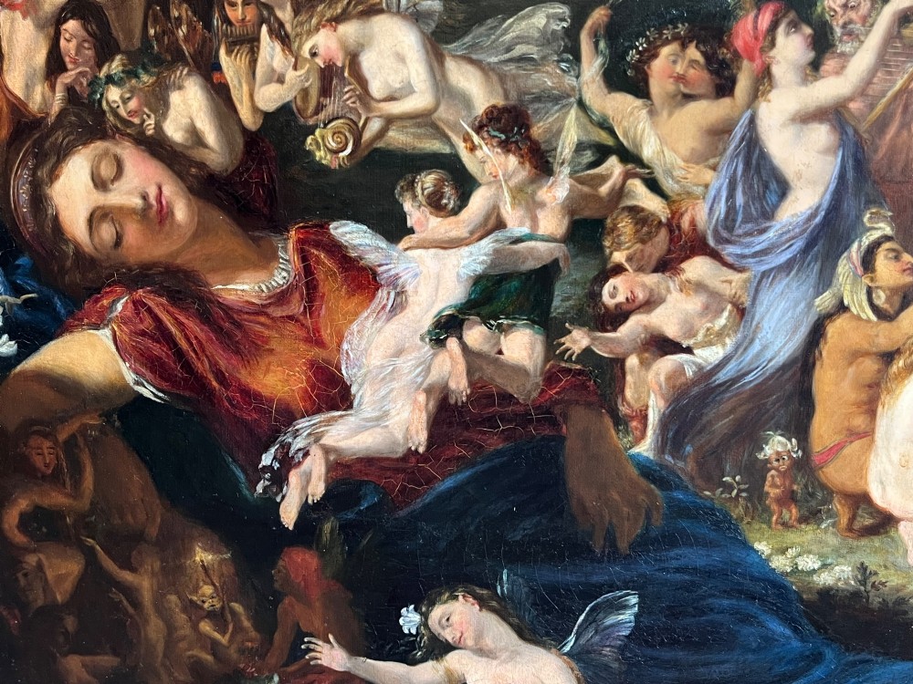 A 19th-century Victorian oil painting depicting a scene from Shakespeares A Midsummer Nights Dream featuring figures and winged fairies in a woodland setting. View VII