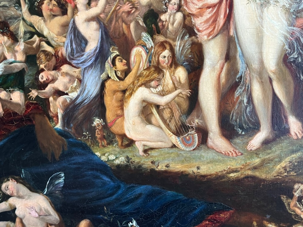 A 19th-century Victorian oil painting depicting a scene from Shakespeares A Midsummer Nights Dream featuring figures and winged fairies in a woodland setting. View VIII