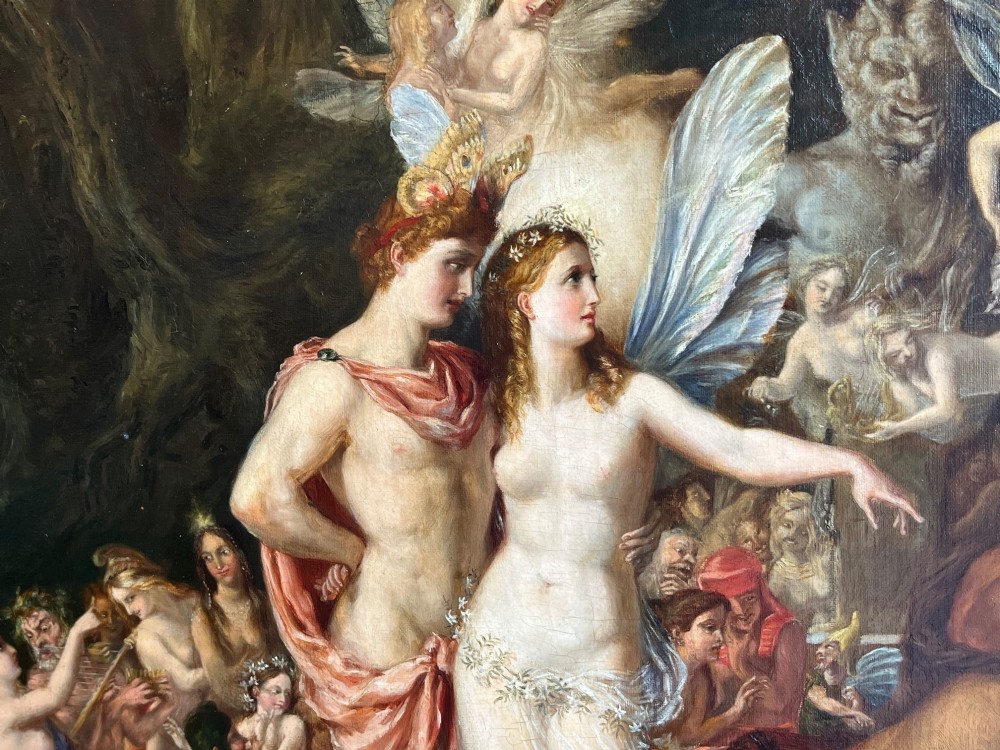 A 19th-century Victorian oil painting depicting a scene from Shakespeares A Midsummer Nights Dream featuring figures and winged fairies in a woodland setting. View IX