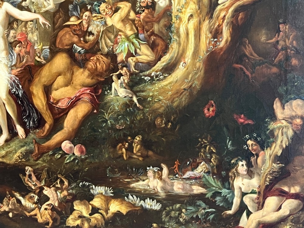A 19th-century Victorian oil painting depicting a scene from Shakespeares A Midsummer Nights Dream featuring figures and winged fairies in a woodland setting. View X