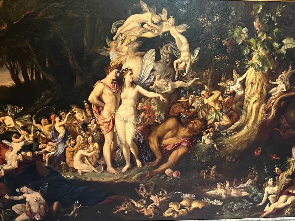 A 19th-century Victorian oil painting depicting a scene from Shakespeares A Midsummer Nights Dream featuring figures and winged fairies in a woodland setting. View XI