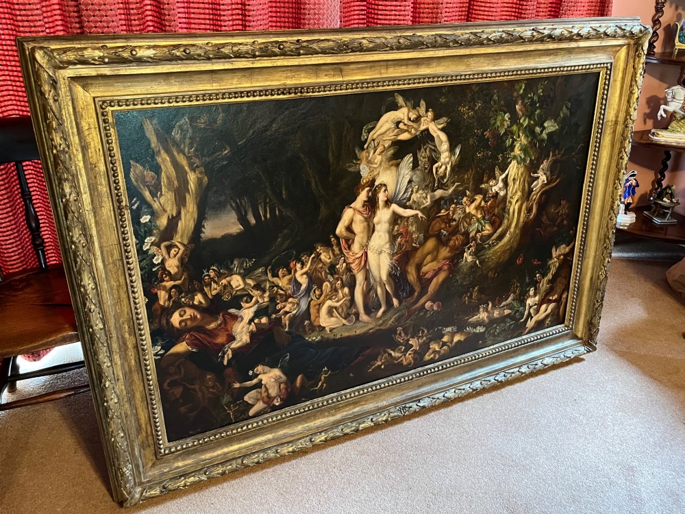 A 19th-century Victorian oil painting depicting a scene from Shakespeares A Midsummer Nights Dream featuring figures and winged fairies in a woodland setting. View XII