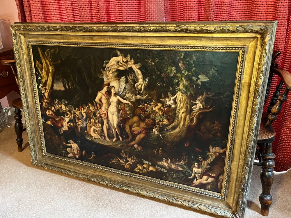 A 19th-century Victorian oil painting depicting a scene from Shakespeares A Midsummer Nights Dream featuring figures and winged fairies in a woodland setting. View XIII