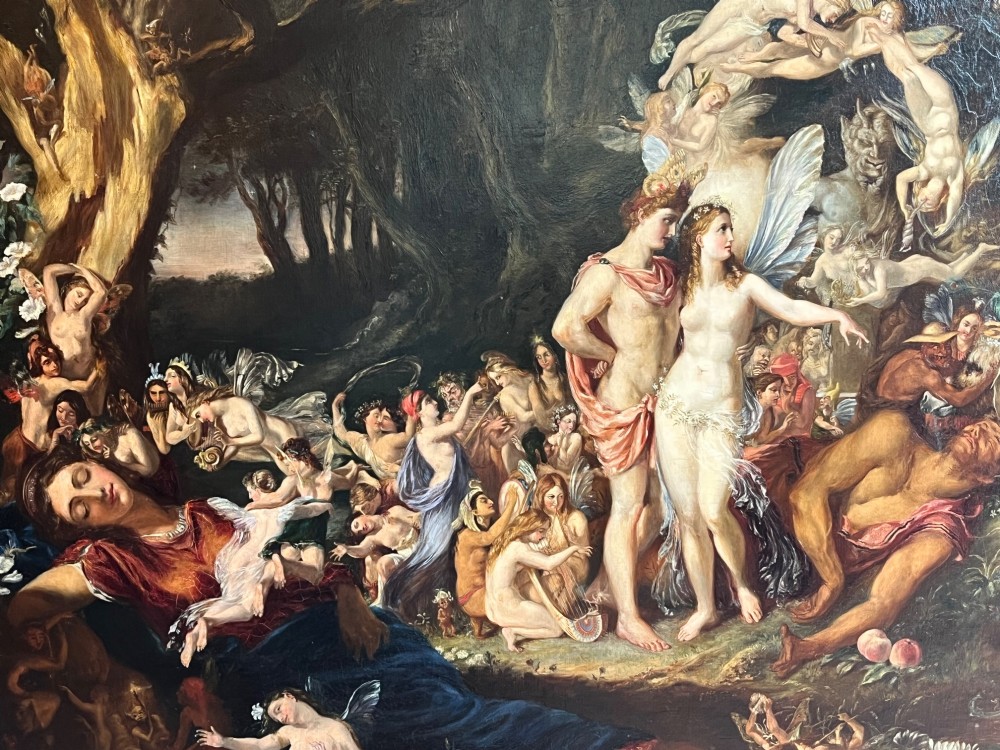 A 19th-century Victorian oil painting depicting a scene from Shakespeares A Midsummer Nights Dream featuring figures and winged fairies in a woodland setting. View XIV