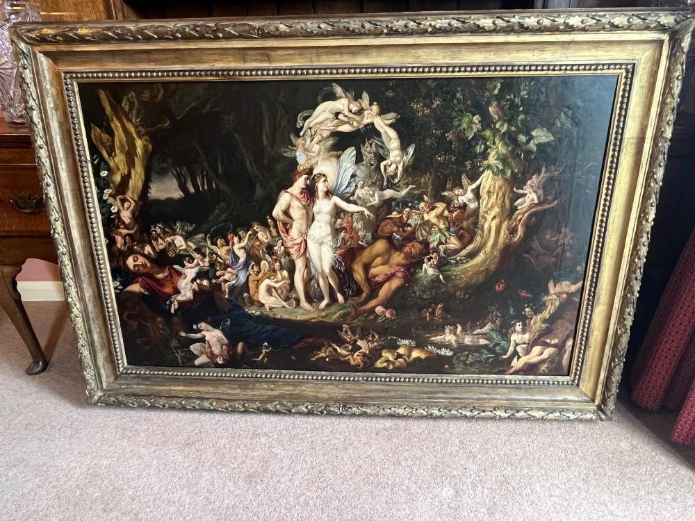 A 19th-century Victorian oil painting depicting a scene from Shakespeares A Midsummer Nights Dream featuring figures and winged fairies in a woodland setting. View XV