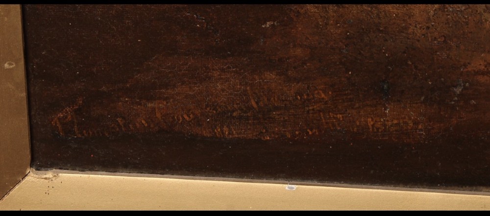 A nineteenth-century oil painting on canvas depicting two greyhounds in full motion chasing a hare across a grassy landscape within a carved gilt frame. View IV