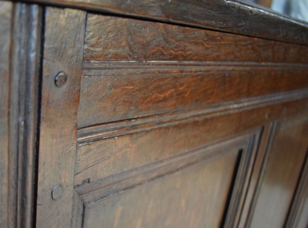 A dark oak panelled storage coffer with four inset front panels, a flat hinged lid, and sturdy stile feet. View VI