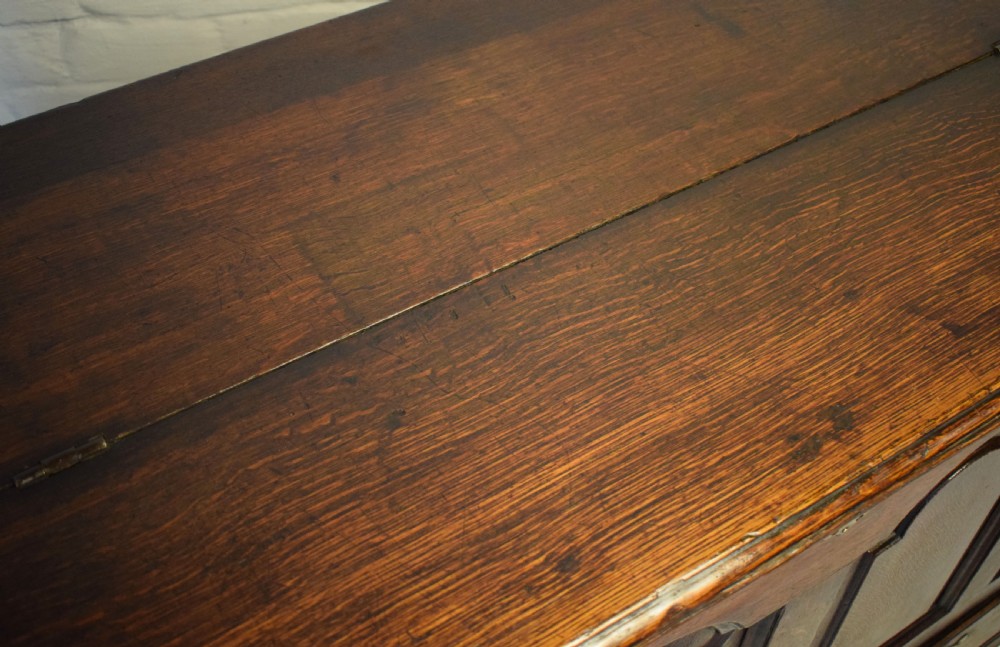 A dark oak antique mule chest featuring four arched fielded panels, two lower drawers with brass drop handles, and bracket feet. View VI