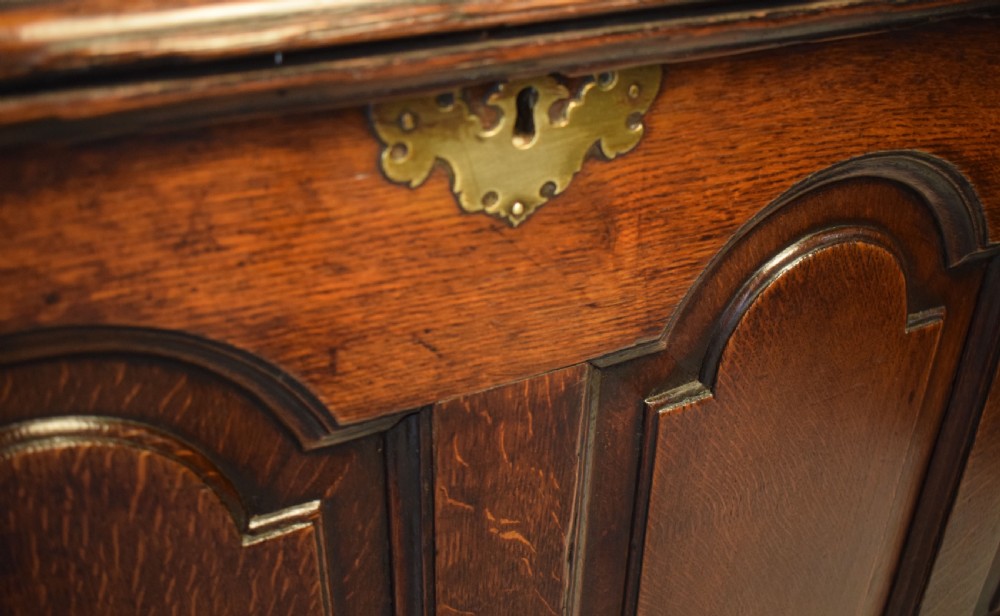 A dark oak antique mule chest featuring four arched fielded panels, two lower drawers with brass drop handles, and bracket feet. View IX
