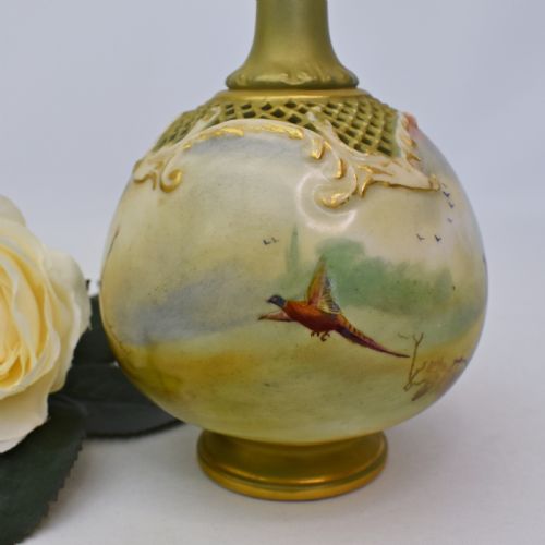 ROYAL WORCESTER VASE BY JACK SOUTHALL PIERCED SHOULDERS HANDPAINTED PHEASANTS 1909 - ADDITIONAL PHOTO 2