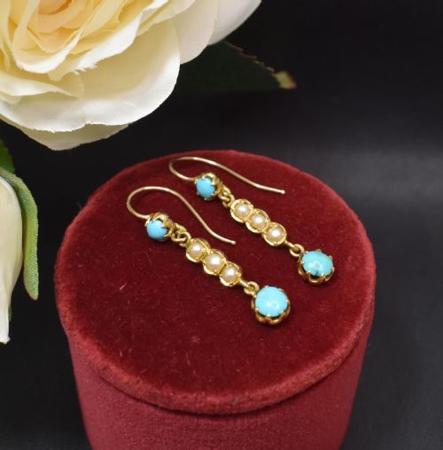 ELEGANT EDWARDIAN 15CT GOLD TURQUOISE AND PEARL EARRINGS C 1900 - ADDITIONAL PHOTO 4