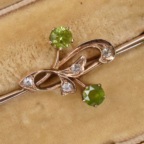 BEAUTIFUL RUSSIAN DEMANTOID GARNETS AND DIAMONDS 14CT ROSE GOLD BROOCH - ADDITIONAL PHOTO 3