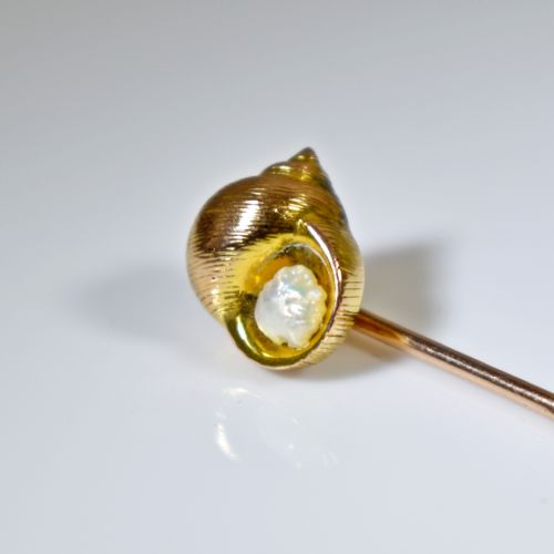 CHARMING EDWARDIAN GOLD SHELL AND BAROQUE PEARL STICK PIN C 1900 - ADDITIONAL PHOTO 6