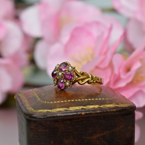 ANTIQUE 15CT GOLD FLOWER RING GARNET PEARL CLUSTER HALLMARKED 1848 VICTORIAN RING - ADDITIONAL PHOTO 1