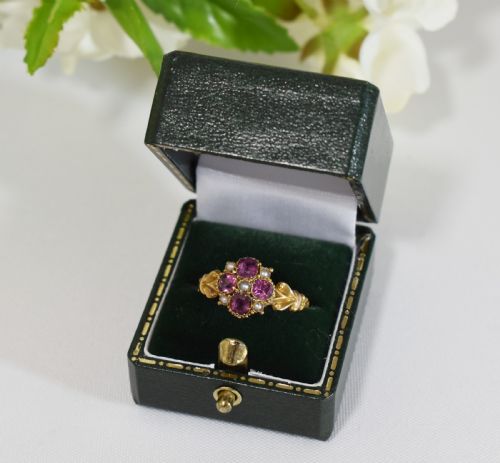 ANTIQUE 15CT GOLD FLOWER RING GARNET PEARL CLUSTER HALLMARKED 1848 VICTORIAN RING - ADDITIONAL PHOTO 3