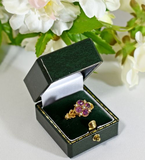 ANTIQUE 15CT GOLD FLOWER RING GARNET PEARL CLUSTER HALLMARKED 1848 VICTORIAN RING - ADDITIONAL PHOTO 4