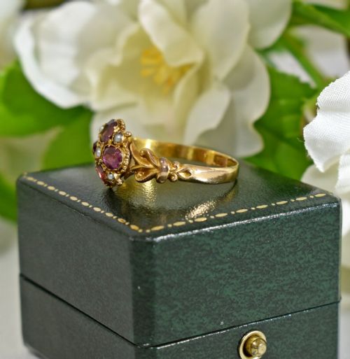 ANTIQUE 15CT GOLD FLOWER RING GARNET PEARL CLUSTER HALLMARKED 1848 VICTORIAN RING - ADDITIONAL PHOTO 6