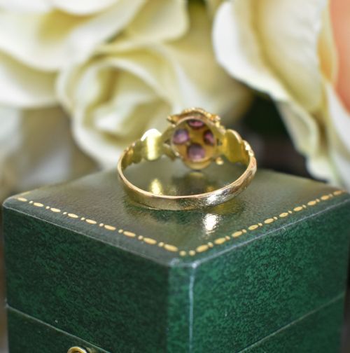 ANTIQUE 15CT GOLD FLOWER RING GARNET PEARL CLUSTER HALLMARKED 1848 VICTORIAN RING - ADDITIONAL PHOTO 8