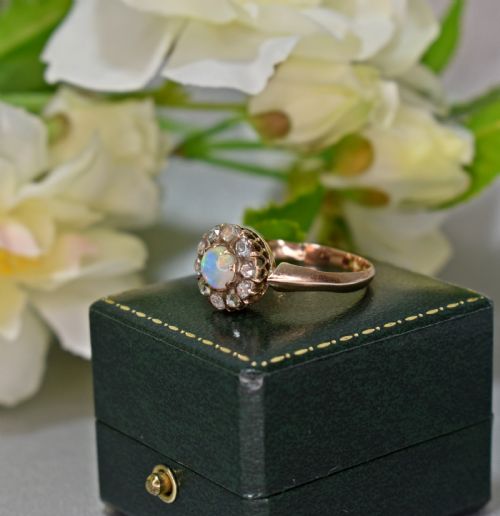 ANTIQUE VICTORIAN OPAL ROSE CUT DIAMOND GOLD CLUSTER RING - ADDITIONAL PHOTO 3