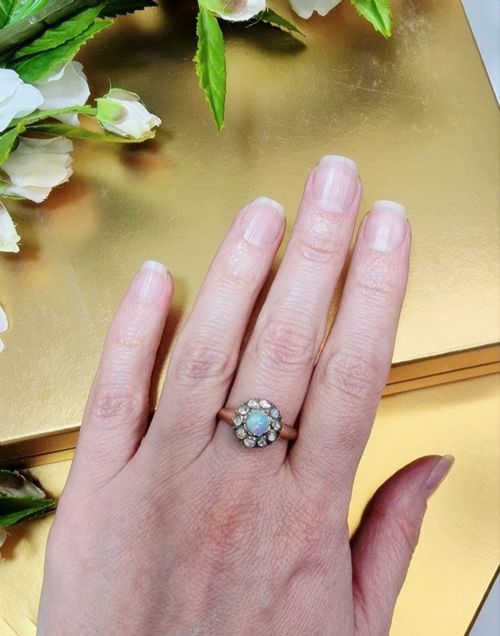 ANTIQUE VICTORIAN OPAL ROSE CUT DIAMOND GOLD CLUSTER RING - ADDITIONAL PHOTO 6