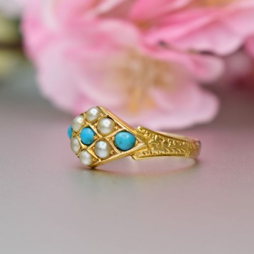 VICTORIAN 15CT GOLD TURQUOISE AND SPLIT PEARL RING BIRMINGHAM 1900 - ADDITIONAL PHOTO 2
