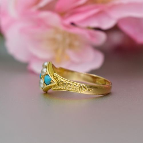 VICTORIAN 15CT GOLD TURQUOISE AND SPLIT PEARL RING BIRMINGHAM 1900 - ADDITIONAL PHOTO 3