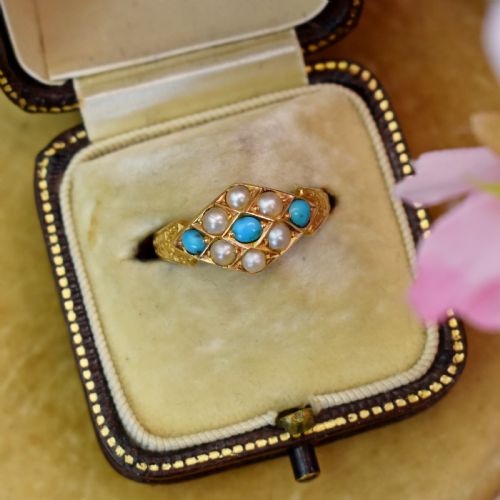 VICTORIAN 15CT GOLD TURQUOISE AND SPLIT PEARL RING BIRMINGHAM 1900 - ADDITIONAL PHOTO 5