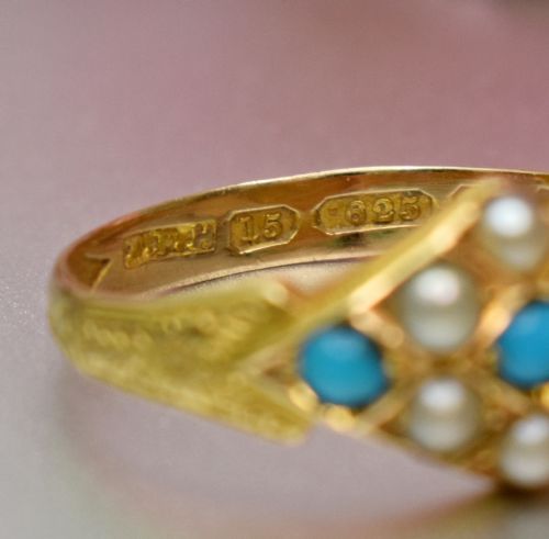 VICTORIAN 15CT GOLD TURQUOISE AND SPLIT PEARL RING BIRMINGHAM 1900 - ADDITIONAL PHOTO 7