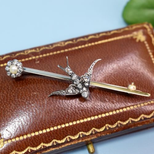 EDWARDIAN DIAMOND SWALLOW BAR BROOCH 15CT GOLD ROSECUT DIAMONDS C1900 - ADDITIONAL PHOTO 1