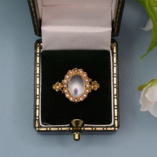 ANTIQUE 15CT GOLD MOONSTONE SEED PEARL CLUSTER RING EDWARDIAN C1900 - ADDITIONAL PHOTO 1