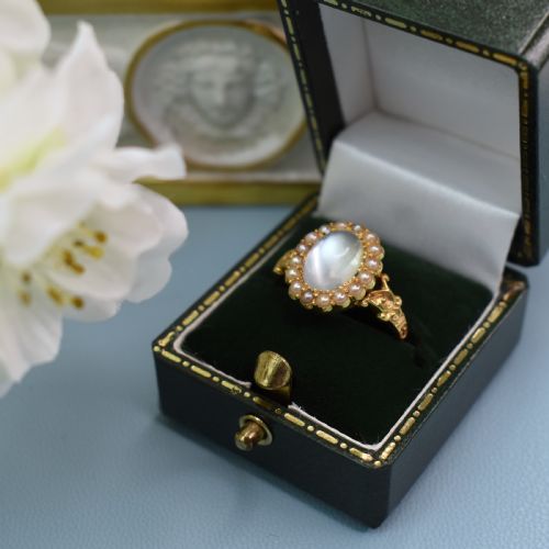 ANTIQUE 15CT GOLD MOONSTONE SEED PEARL CLUSTER RING EDWARDIAN C1900 - ADDITIONAL PHOTO 3