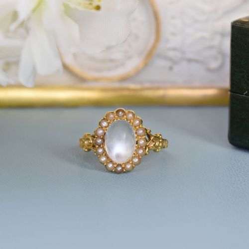 ANTIQUE 15CT GOLD MOONSTONE SEED PEARL CLUSTER RING EDWARDIAN C1900 - ADDITIONAL PHOTO 4