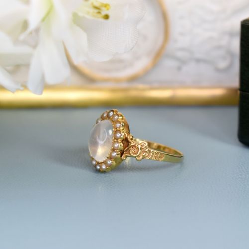 ANTIQUE 15CT GOLD MOONSTONE SEED PEARL CLUSTER RING EDWARDIAN C1900 - ADDITIONAL PHOTO 5